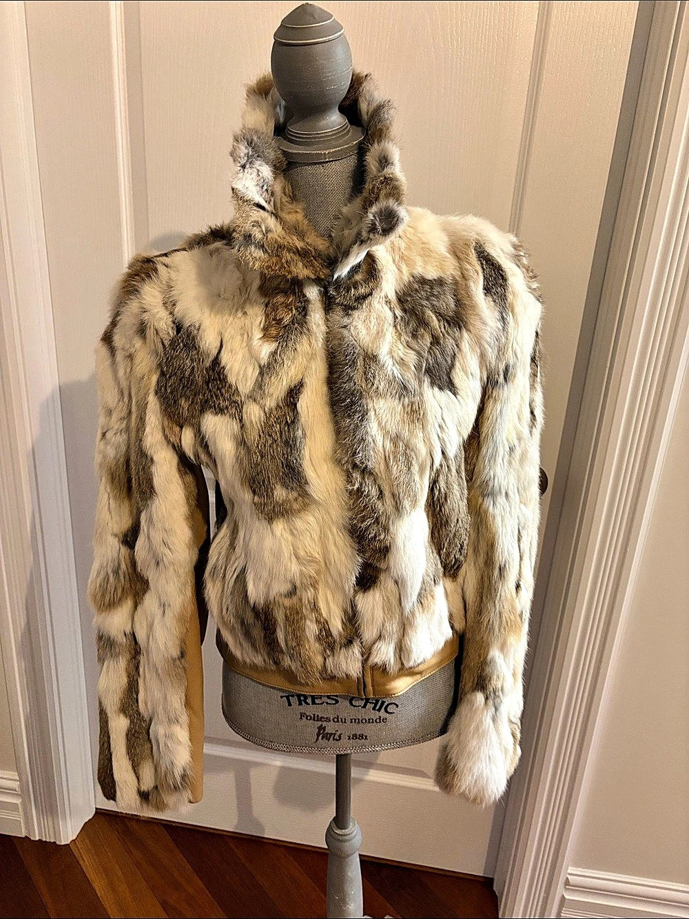 Anne Klein Real Rabbit Fur & Tan Leather Jacket XS - Y2K Winter Glam xs